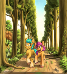 Size: 2828x3097 | Tagged: safe, artist:kaylerustone, hitch trailblazer, sunny starscout, earth pony, pony, g5, duo, female, looking at each other, looking at someone, male, mare, open mouth, outdoors, rock, scenery, smiling, stallion, sunset, tree, walking