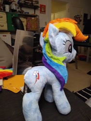 Size: 1536x2048 | Tagged: safe, artist:top plush, rainbow dash, pegasus, pony, g4, butt hold, cleaver, context in description, context is for the weak, female, irl, mare, no tail, photo, plushie, side view, solo, standing, wingless