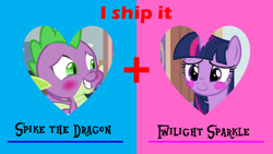 Size: 1192x670 | Tagged: safe, artist:pagiepoppie12345, spike, twilight sparkle, alicorn, dragon, pony, g4, blushing, female, heart, horn, male, mare, ship:twispike, shipping, smiling, straight, text, twilight sparkle (alicorn), winged spike, wings