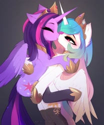 Size: 2497x3000 | Tagged: safe, artist:magnaluna, princess celestia, twilight sparkle, alicorn, pony, semi-anthro, boop, clothes, crown, eyes closed, female, gradient background, holding a pony, hoof shoes, jewelry, lesbian, noseboop, nuzzles, regalia, shipping, simple background, stockings, thigh highs, twilestia, twilight sparkle (alicorn)