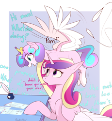 Size: 3339x3614 | Tagged: safe, artist:renderpoint, princess cadance, princess flurry heart, alicorn, pony, canterlot wedding 10th anniversary, g4, blank flank, chest fluff, colored wings, crown, cute, cutedance, dialogue, duo, duo female, eye clipping through hair, eyebrows, eyebrows visible through hair, feather, female, filly, flurry heart riding cadance, flurrybetes, foal, folded wings, frown, high res, ink, inkwell, jewelry, looking at someone, mare, mother and child, mother and daughter, obscured text, older, older flurry heart, on head, onomatopoeia, open mouth, open smile, paperwork, parent and child, pomf, ponies riding ponies, pony hat, quill, regalia, riding, smiling, spread wings, two toned wings, wingboner, wings
