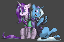 Size: 1763x1155 | Tagged: safe, artist:sinrar, starlight glimmer, trixie, cyborg, pony, unicorn, g4, cape, clapping, clothes, cyberpunk, duo, duo female, female, horn, looking at each other, looking at someone, mare, sitting, smiling, tail, trixie's cape