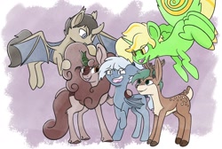 Size: 2048x1380 | Tagged: safe, artist:wax feather, oc, oc:cutpurse, oc:evergreen, oc:pepper, oc:rune chisel, unnamed oc, bat pony, changeling, deer, deer pony, kirin, monster pony, original species, spiderpony, bat pony oc, changeling oc, concave belly, countershading, deer oc, diverse body types, female, height difference, imminent vore, kirin oc, lanky, male, physique difference, skinny, slender, tall, thin