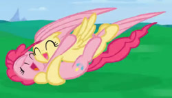 Size: 508x291 | Tagged: safe, artist:misterdavey, fluttershy, pinkie pie, earth pony, pegasus, pony, smile hd, g4, ^^, cropped, cute, diapinkes, duo, eyes closed, female, floppy ears, freeze frame bonus, glomp, hug, mare, old art, open mouth, out of context, shyabetes, smiling, wings, youtube link