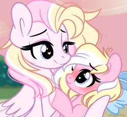 Size: 2048x1891 | Tagged: safe, artist:emberslament, oc, oc only, oc:bay breeze, oc:orchid breeze, pegasus, pony, blushing, bow, cute, female, filly, foal, hair bow, happy, heart eyes, hug, looking at each other, looking at someone, mare, mother and child, mother and daughter, wholesome, wingding eyes, winghug, wings