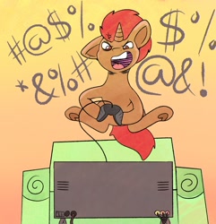 Size: 1972x2048 | Tagged: safe, artist:wax feather, oc, oc:pixel grip, pony, unicorn, angry, censored vulgarity, controller, gaming, grawlixes, horn, implied elden ring, jumping, male, rage, television, unicorn oc