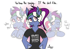 Size: 1731x1182 | Tagged: safe, artist:whirlwindflux, oc, oc:single slice, earth pony, pony, clothes, female, innuendo, mare, one eye closed, shirt, tongue out, wink