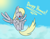 Size: 1820x1422 | Tagged: safe, artist:librarylonging, derpy hooves, pegasus, pony, g4, cloud, flying, food, happy, holding, muffin, solo, sun, text