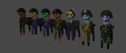 Size: 1050x443 | Tagged: safe, artist:markerlight, oc, oc:wandering sunrise, bat pony, earth pony, pony, equestria at war mod, 3d, assault rifle, belt, boots, camouflage, clothes, gun, hearts of iron 4, helmet, leather straps, line-up, medallion, model, red typhoon, rifle, shadowbolts, shoes, soldier, stalliongrad, uniform, weapon