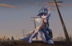 Size: 4600x2953 | Tagged: safe, artist:mithriss, oc, oc only, pony, unicorn, fallout equestria, clothes, curved horn, horn, jumpsuit, pipbuck, power line, road, solo, vault suit