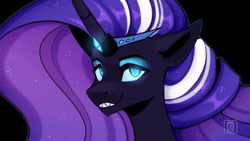 Size: 600x338 | Tagged: safe, artist:buvanybu, nightmare rarity, pony, unicorn, g4, animated, biting, dark background, female, gif, glowing, glowing eyes, grin, horn, jewelry, mare, sharp teeth, smiling, solo, teeth, tiara, youtube link, youtube link in the description