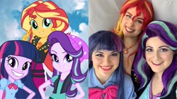 Size: 2289x1288 | Tagged: safe, artist:maddymoiselle, artist:sarahndipity cosplay, artist:shelbeanie, starlight glimmer, sunset shimmer, twilight sparkle, human, equestria girls, equestria girls specials, g4, my little pony equestria girls: better together, my little pony equestria girls: mirror magic, clothes, cosplay, costume, everfree northwest 2019, magical trio