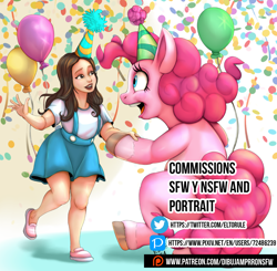Size: 1500x1468 | Tagged: safe, artist:torule34, pinkie pie, earth pony, human, pony, g4, balloon, bipedal, child, clothes, confetti, dress, female, hat, holding hooves, human on pony hoof holding, mare, open mouth, open smile, party hat, shirt, shoes, smiling