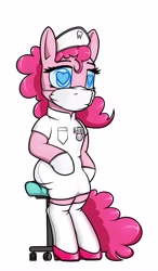 Size: 2389x4096 | Tagged: safe, artist:dacaoo, pinkie pie, earth pony, pony, g4, alternate universe, brainwashed, brainwashing, chair, clothes, commission, cutie mark on clothes, dentist, dentist fetish, doctor, dress, earring, gloves, hat, heart eyes, heels on a horse, high heels, hypnosis, hypnotized, jewelry, latex, latex clothes, latex dress, latex gloves, latex socks, latex stockings, leaning, makeup, mask, name tag, nurse hat, piercing, shoes, simple background, sitting, socks, solo, standing on two hooves, stockings, stool, surgical mask, swirly eyes, thigh highs, tooth, uniform, white background, wingding eyes