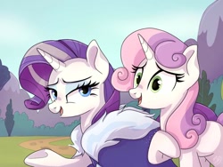 Size: 1024x768 | Tagged: safe, artist:golden bloom, rarity, sweetie belle, pony, unicorn, g4, belle sisters, duo, duo female, eyebrows, female, horn, mare, missing cutie mark, older, older rarity, older sweetie belle, raised hoof, siblings, sisters