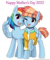 Size: 1000x1200 | Tagged: safe, artist:johnjoseco, rainbow dash, windy whistles, pegasus, pony, g4, cellphone, clothes, duo, duo female, female, freckles, happy, hug, mare, mother and child, mother and daughter, mother's day, one eye closed, open mouth, open smile, phone, raised hoof, selfie, signature, simple background, smartphone, smiling, white background, wing hands, winghug, wings