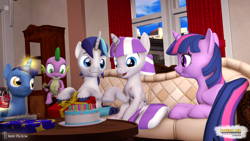 Size: 3840x2160 | Tagged: safe, artist:seriff-pilcrow, night light, shining armor, spike, twilight sparkle, twilight velvet, alicorn, dragon, pony, unicorn, series:daring did tales of an adventurer's companion, g4, 3d, birthday, cake, couch, female, food, high res, male, mother's day, present, scar, smiling, soda, source filmmaker, sparkle family, spike's family, ticket, twilight sparkle (alicorn)