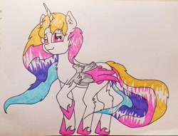 Size: 1280x978 | Tagged: safe, artist:arroblance, oc, oc only, oc:rainbowwing, alicorn, pony, alicorn oc, female, folded wings, hoof shoes, horn, looking at you, multicolored hair, multicolored mane, multicolored tail, raised hoof, simple background, solo, tail, traditional art, white background, wings