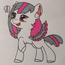 Size: 1280x1280 | Tagged: safe, artist:rainbowwing, oc, oc only, oc:filly rainbowwing, butterfly, pegasus, pony, ear fluff, female, filly, foal, open mouth, pegasus oc, raised hoof, solo, spread wings, traditional art, wings, younger