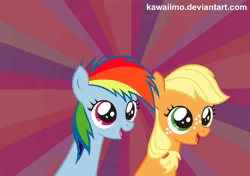 Size: 680x480 | Tagged: dead source, safe, artist:kawaiimo, applejack, rainbow dash, earth pony, pegasus, pony, g4, 2012, abstract background, animated, duo, duo female, female, filly, foal, gif, headbob, mare, old art