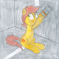 Size: 1024x1024 | Tagged: safe, artist:minux86, oc, oc only, oc:canni soda, earth pony, pony, 2016, belly, chugging, drinking, earth pony oc, fanta, freckles, lighting, looking up, shadow, traditional art