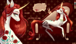 Size: 1920x1114 | Tagged: safe, artist:pessadie, oc, oc only, pony, unicorn, bedroom eyes, couch, draw me like one of your french girls, duo, flower, glowing, glowing horn, grin, horn, magic, reference sheet, rose, smiling, tattoo, telekinesis, unicorn oc