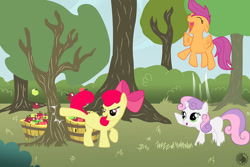 Size: 1000x667 | Tagged: safe, artist:cheetagonzita, apple bloom, scootaloo, sweetie belle, earth pony, pegasus, pony, unicorn, g4, 2013, applebucking, cutie mark crusaders, female, filly, foal