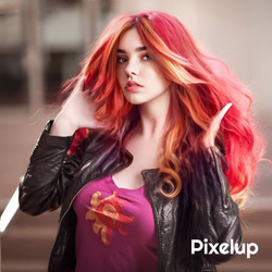 Size: 960x960 | Tagged: safe, artist:lochlan o'neil, edit, editor:sammykun, faceapp, sunset shimmer, human, g4, beautiful, bust, clothes, cosplay, costume, cutie mark on clothes, female, humanized, irl, irl human, jacket, leather jacket, lips, lipstick, live action, looking at you, makeup, photo, photography, portrait, realistic, serious, serious face, solo, wig