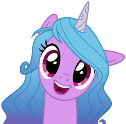 Size: 1024x1008 | Tagged: safe, artist:emeraldblast63, izzy moonbow, pony, unicorn, g4, g5, bust, female, g5 to g4, generation leap, head tilt, hi new friend, looking at you, mare, one ear down, open mouth, open smile, simple background, smiling, smiling at you, solo, transparent background, uvula