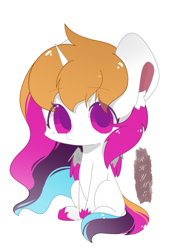 Size: 973x1279 | Tagged: safe, artist:rhyme, oc, oc only, oc:rainbowwing, alicorn, pony, :<, alicorn oc, behaving like a cat, big ears, big eyes, ear fluff, female, folded wings, hoof shoes, horn, looking at you, multicolored hair, multicolored mane, multicolored tail, simple background, sitting, solo, tail, white background, wings