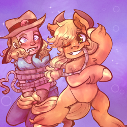 Size: 1000x1000 | Tagged: safe, artist:mimiporcellini, applejack, earth pony, human, pony, g4, blushing, crossover, crossover shipping, female, hol horse, holjack, in love, interspecies, jojo's bizarre adventure, male, mare, one eye closed, shipping, straight, wink