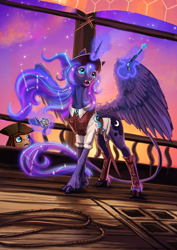 Size: 2480x3508 | Tagged: safe, artist:dalagar, princess luna, alicorn, classical unicorn, pony, unicorn, g4, captain jack sparrow, clothes, cloven hooves, compass, constellation, duo, fangs, female, glowing, glowing horn, gun, handgun, hat, high res, horn, jack sparrow, leonine tail, magic, mare, open mouth, open smile, pirate, pirate hat, pistol, ponified, rope, ship, smiling, solo focus, sword, telekinesis, unshorn fetlocks, vest, weapon