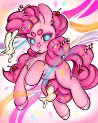 Size: 1531x1919 | Tagged: safe, artist:kapello, pinkie pie, earth pony, pony, g4, candy, candy cane, cherry, chest fluff, food, frosting, lollipop, looking at you, mouth hold, solo