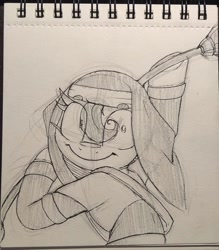 Size: 1612x1836 | Tagged: safe, artist:lockheart, oc, oc only, earth pony, pony, broom, eye clipping through hair, grayscale, hoof hold, looking at you, magnetic hooves, monochrome, nun, pencil drawing, smiling, smiling at you, solo, this will end in pain, traditional art