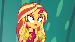 Size: 1280x720 | Tagged: safe, artist:sapphire, edit, edited screencap, editor:sapphire, screencap, sunset shimmer, human, equestria girls, equestria girls series, g4, spring breakdown, spoiler:eqg series (season 2), breasts, busty sunset shimmer, eye clipping through hair, eyebrows, eyebrows visible through hair, eyeshadow, female, lipstick, makeup, open mouth, sleeveless, solo