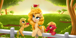 Size: 2971x1500 | Tagged: safe, artist:darksly, apple bloom, applejack, big macintosh, pear butter, earth pony, pony, adorabloom, apple, apple siblings, apple sisters, baby, baby apple bloom, best mom ever, blank flank, brother and sister, colt, colt big macintosh, crossed hooves, cute, family, female, fence, filly, filly applejack, foal, food, grass, jackabetes, macabetes, male, mother and child, mother and daughter, mother and son, mother's day, mouth hold, open mouth, open smile, orchard, pear, pearabetes, pony hat, siblings, sisters, smiling, tree, younger