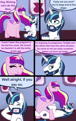 Size: 2400x3800 | Tagged: safe, artist:chelseawest, princess cadance, shining armor, alicorn, pony, unicorn, g4, beard, belly, big belly, blushing, comic, concerned, couple, cute, ethereal mane, ethereal tail, eye contact, facial hair, female, grey hair, high res, huge belly, husband and wife, hyper, hyper belly, hyper pregnancy, impossibly large belly, kicking, looking at each other, looking at someone, lying, lying down, lying on the ground, male, married couple, married couples doing married things, multiple pregnancy, older, on top, picture, picture frame, pregdance, pregnant, remake, ship:shiningcadance, shipping, sigh, signature, sitting, speech, speech bubble, straddling, straight, sweat, tail, talking, worried