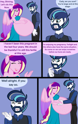 Size: 2400x3800 | Tagged: safe, alternate version, artist:chelseawest, princess cadance, shining armor, human, equestria girls, g4, bedroom eyes, belly, big belly, blushing, comic, concerned, couple, cute, eye contact, facial hair, female, grey hair, hand on belly, high res, huge belly, husband and wife, hyper, hyper belly, hyper pregnancy, impossibly large belly, kicking, looking at each other, looking at someone, male, married couple, married couples doing married things, multiple pregnancy, older, ponied up, pregdance, pregnant, pregnant equestria girls, remake, ship:shiningcadance, shipping, sigh, signature, speech, speech bubble, straight, talking, worried