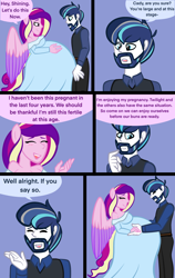 Size: 2400x3800 | Tagged: safe, alternate version, artist:chelseawest, princess cadance, shining armor, human, equestria girls, g4, bedroom eyes, belly, big belly, blushing, clothes, comic, concerned, couple, cute, dress, eye contact, facial hair, female, grey hair, hand on belly, high res, huge belly, husband and wife, hyper, hyper belly, hyper pregnancy, impossibly large belly, kicking, looking at each other, looking at someone, male, married couple, married couples doing married things, multiple pregnancy, older, ponied up, pregdance, pregnant, pregnant equestria girls, remake, ship:shiningcadance, shipping, sigh, signature, speech, speech bubble, straight, talking, worried