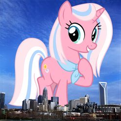 Size: 1964x1973 | Tagged: safe, artist:cheezedoodle96, artist:thegiantponyfan, edit, clear sky, pony, unicorn, g4, charlotte, female, giant pony, giant unicorn, giantess, grin, highrise ponies, hoof on chest, irl, looking at you, macro, mare, mega giant, neckerchief, north carolina, photo, ponies in real life, smiling, solo