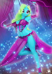 Size: 2683x3840 | Tagged: safe, artist:nyaasapphire, oc, oc only, oc:wishy washy, unicorn, anthro, 3d, belly dancer, belly dancer outfit, bra, clothes, commission, curtains, green mane, high res, horn, moon, skirt, solo, underwear, unicorn oc, window