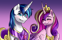 Size: 2000x1298 | Tagged: safe, artist:not-ordinary-pony, derpibooru exclusive, princess cadance, shining armor, alicorn, pony, unicorn, canterlot wedding 10th anniversary, g4, duo, duo male and female, eyebrows, eyes closed, female, gradient background, grin, male, mare, ship:shiningcadance, shipping, smiling, stallion, straight