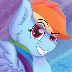 Size: 1000x1000 | Tagged: safe, artist:exobass, rainbow dash, pegasus, pony, g4, bust, expressions, eye clipping through hair, grin, mischievous, smiling, solo