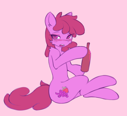 Size: 1668x1521 | Tagged: safe, artist:fajeh, berry punch, berryshine, earth pony, semi-anthro, g4, arm hooves, blushing, bottle, cheek fluff, drunk, ear fluff, eye clipping through hair, eyebrows, eyebrows visible through hair, go home you're drunk, looking at you, open mouth, pink background, simple background, sitting, solo