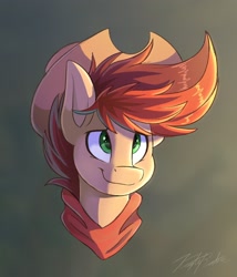 Size: 1754x2048 | Tagged: safe, artist:kaylerustone, oc, oc only, oc:kayle rustone, pony, bust, clothes, cowboy hat, hat, looking up, male, simple background, smiling, solo, stallion