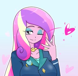 Size: 1025x1003 | Tagged: safe, artist:batipin, dean cadance, princess cadance, human, equestria girls, g4, breasts, busty princess cadance, close-up, eyeshadow, female, heart, lidded eyes, looking at you, makeup, one eye closed, smiling, solo, wink