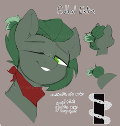 Size: 759x796 | Tagged: safe, artist:angrylittlerodent, oc, oc only, oc:added extra, earth pony, pony, adoptable, cutie mark, freckles, grin, neckerchief, ponytail, reference sheet, simple background, smiling, watermark