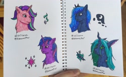 Size: 3696x2250 | Tagged: safe, artist:autumnsfur, princess luna, queen chrysalis, starlight glimmer, twilight sparkle, changeling, earth pony, human, pony, unicorn, g4, black fur, blue eyes, blue mane, bust, crown, female, finger, green eyes, green mane, high res, irl, irl human, jewelry, long hair, mare, multiple characters, notebook, paper, photo, pink fur, portrait, purple fur, purple mane, regalia, sharpie, simple background, sketch, traditional art