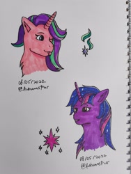 Size: 2250x3000 | Tagged: safe, artist:autumnsfur, starlight glimmer, twilight sparkle, earth pony, pony, unicorn, g4, blue eyes, blue mane, bust, duo, female, high res, long hair, mare, notebook, pink fur, portrait, purple fur, purple mane, sharpie, simple background, sketch, traditional art