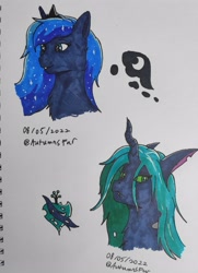 Size: 2250x3113 | Tagged: safe, artist:autumnsfur, princess luna, queen chrysalis, changeling, pony, g4, blue eyes, blue mane, bust, crown, duo, female, green eyes, green mane, high res, jewelry, long hair, mare, notebook, portrait, regalia, sharpie, simple background, sketch, traditional art